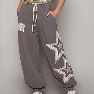 POL Gray Boho Star Appliqué Jogger Pants